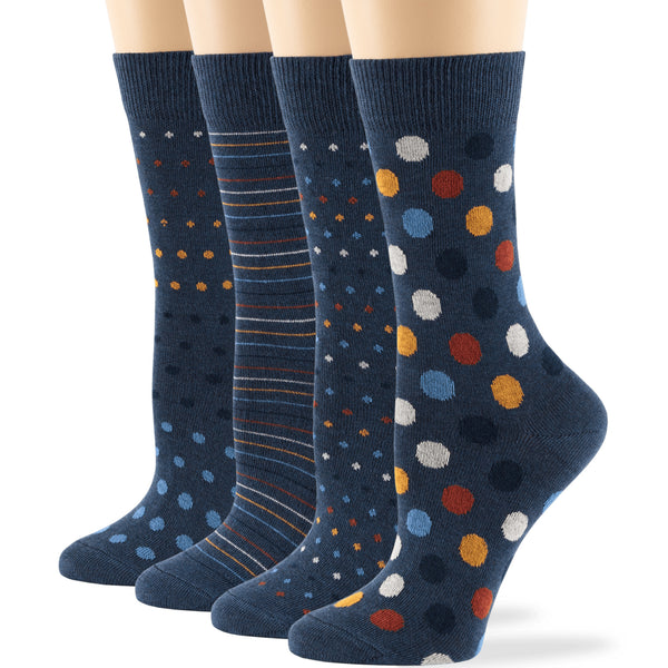 women-cotton-crew-socks-4 pack-large-polka-dots–stripes-light-navy-blue