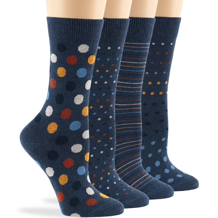 women-cotton-crew-socks-4 pack-large-polka-dots–stripes-light-navy-blue