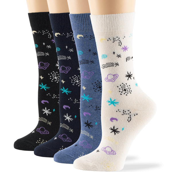 women-novelty-cotton-calf-socks-4 pack-large-space-cosmos-white-denim-blue-navy-black