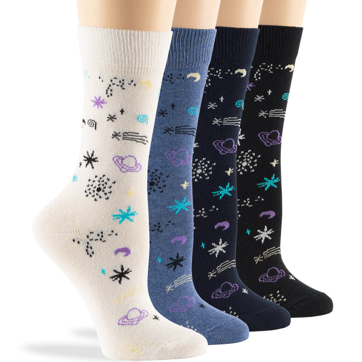 women-novelty-cotton-calf-socks-4 pack-large-space-cosmos-white-denim-blue-navy-black