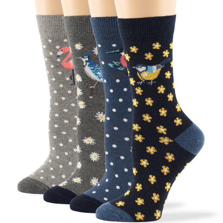 women-novelty-cotton-calf-socks-4 pack-large-flamingo-bluebird-robin-birds-grey-navy-blue