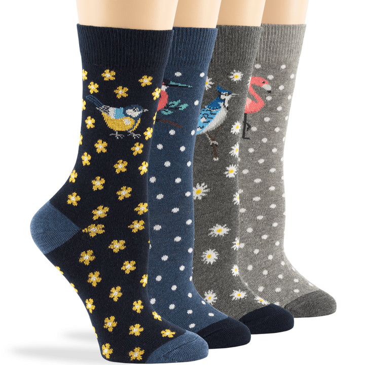 women-novelty-cotton-calf-socks-4 pack-large-flamingo-bluebird-robin-birds-grey-navy-blue