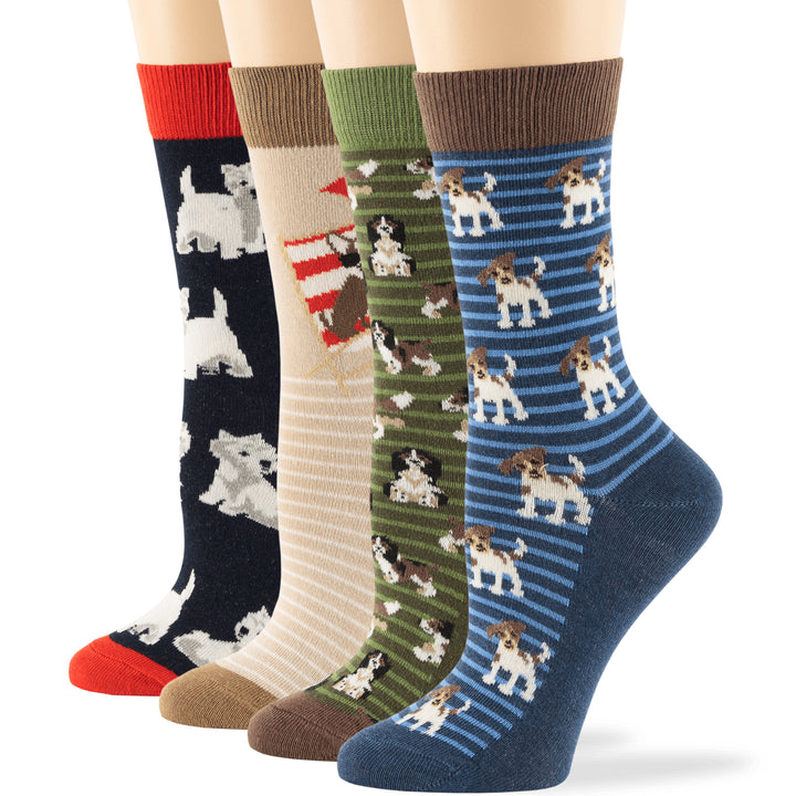 women-cotton-calf-socks-4 pack-large-medium-spaniel-beagle-chihuahua-puppy-olive green-navy-blue-light beige