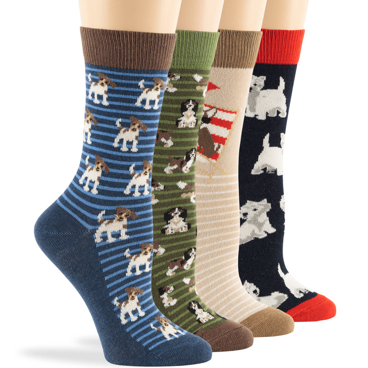 women-cotton-calf-socks-4 pack-large-medium-spaniel-beagle-chihuahua-puppy-olive green-navy-blue-light beige