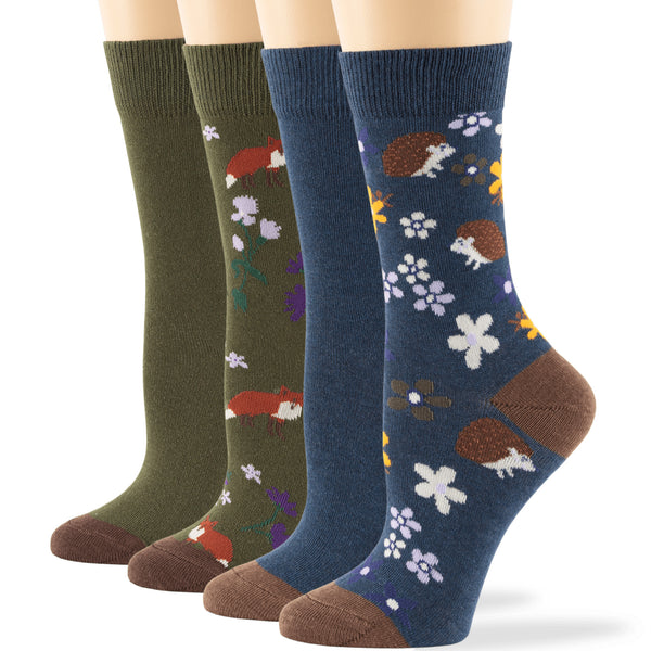 women-cotton-crew-socks-4 pairs-large-hadgehog-fox-light-navy-olive-green