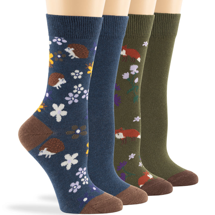 women-cotton-crew-socks-4 pairs-large-hadgehog-fox-light-navy-olive-green