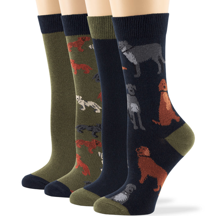 women-novelty-cotton-calf-socks-4 pack-large-dogs-golden-irish setter-terrier-navy-blue-olive green