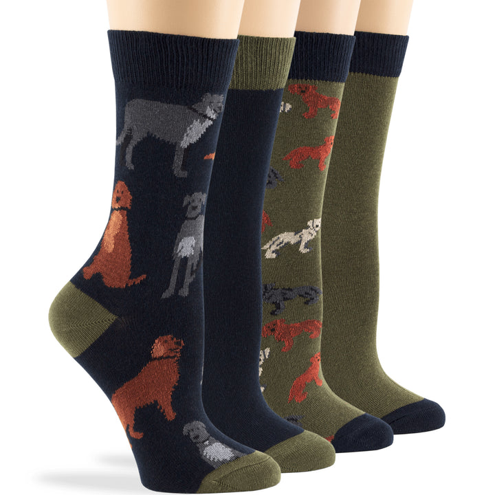 women-novelty-cotton-calf-socks-4 pack-large-dogs-golden-irish setter-terrier-navy-blue-olive green