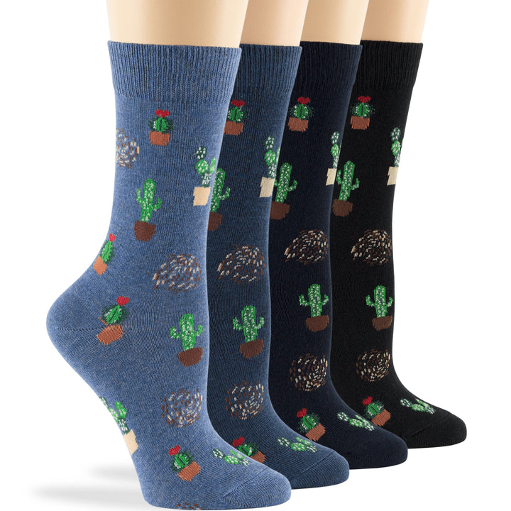 women-cotton-calf-socks-4 pack-large-cactus-desert-denim-blue-navy-black