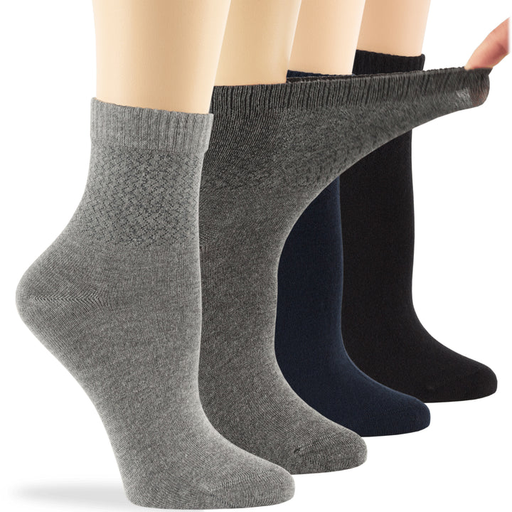 women-bamboo-diabetic-ankle-sock-thin-soft-breathable-seamless-non-binding-4 pairs-large-black-dark-navy-dark-grey-grey