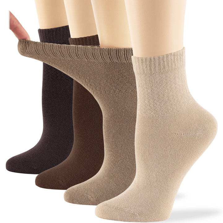 women-bamboo-diabetic-ankle-sock-thin-soft-breathable-seamless-non-binding-4 pairs-large-light-beige-beige-brown-dark-brown