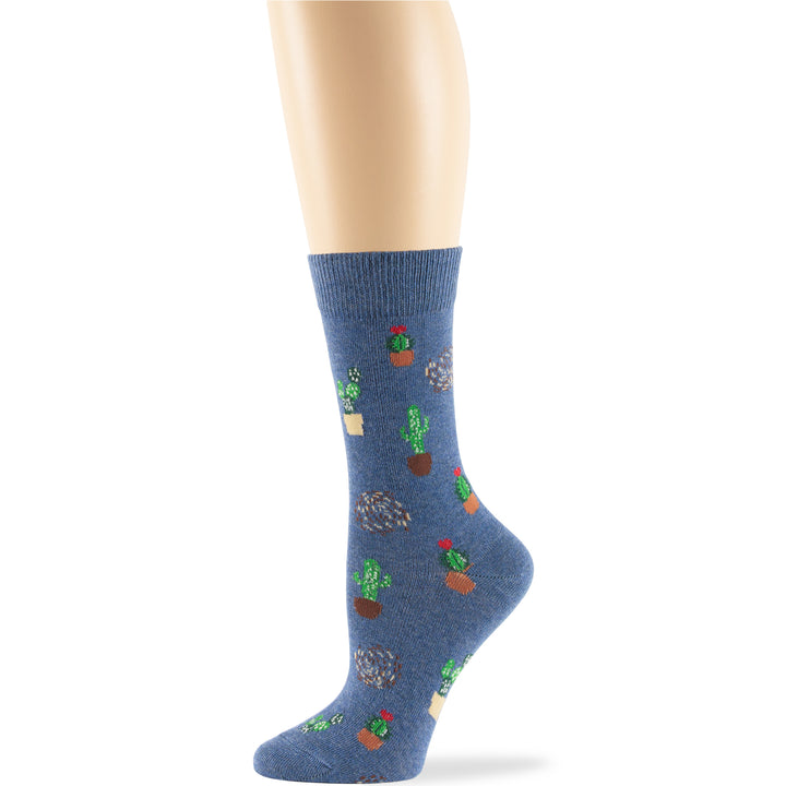 women-novelty-cotton-calf-socks-4 pack-large-cactus-desert-denim-blue