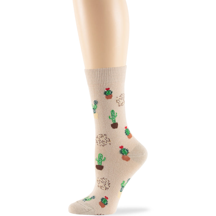 women-novelty-cotton-calf-socks-4 pack-large-cactus-desert-light-beige