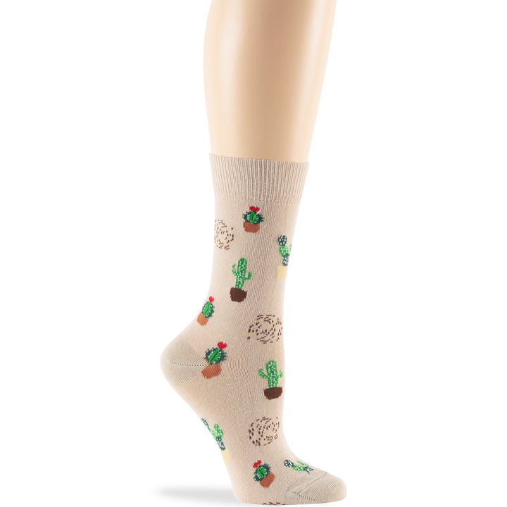 women-novelty-cotton-calf-socks-4 pack-large-cactus-desert-light-beige