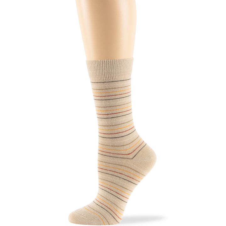 women-fun-cotton-crew-socks-4 pairs-large-stripes-light-beige-tan